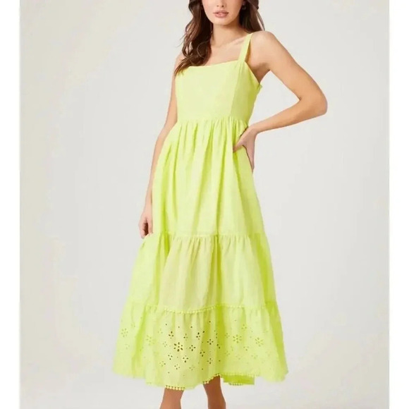 Forever 21 Neon Yellow Flowy Tiered Bohemian Eyelet Maxi Sleeveless Sundress - Picture 1 of 9